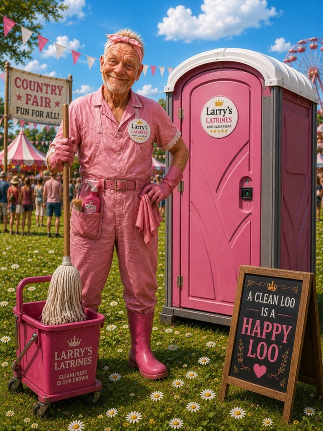 Larry’s Latrines® attendant beside an event toilet at a country fair
